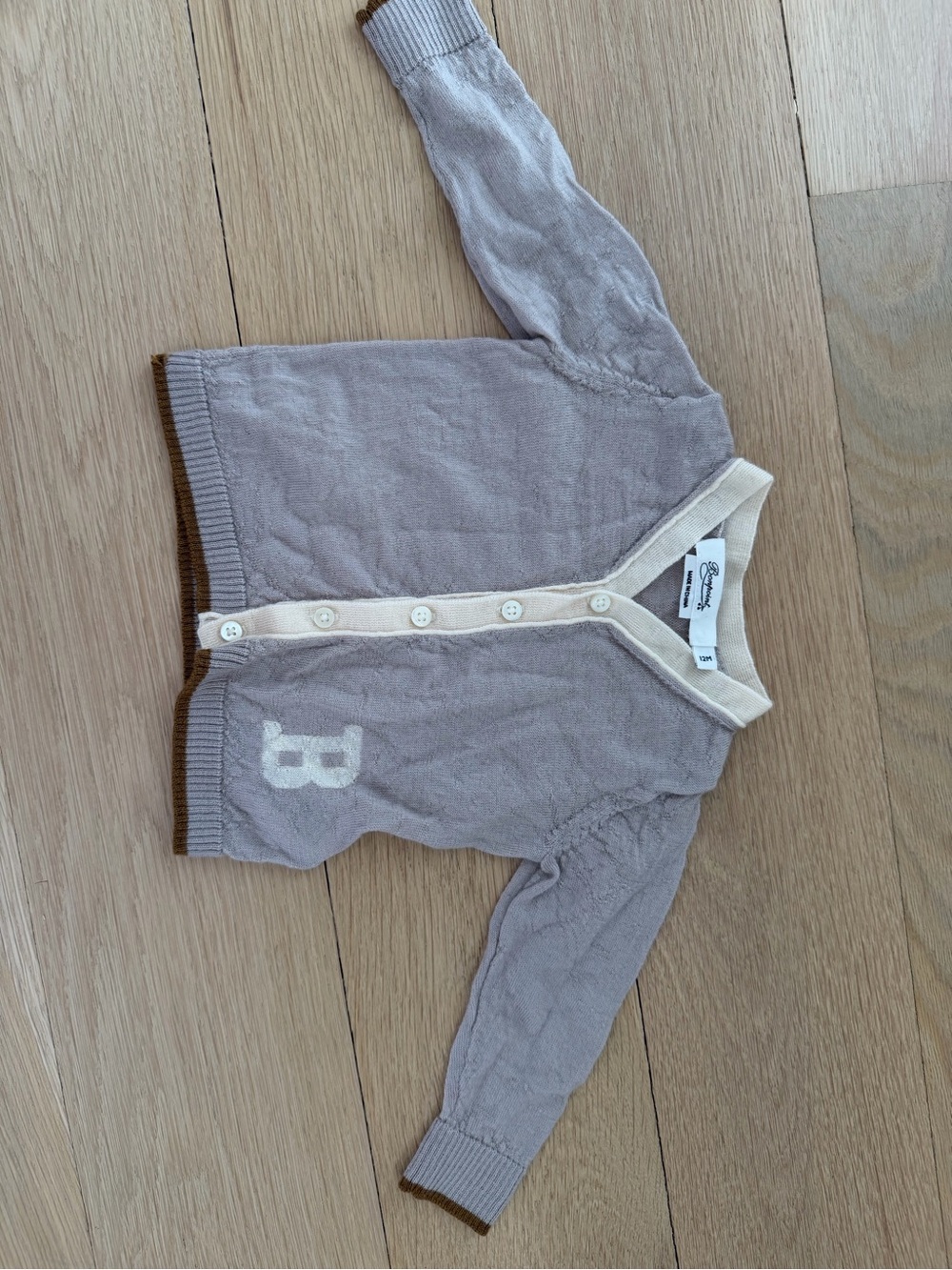 Bonpoint baby Knit Cardigan in Light Taupe with Cream Trim